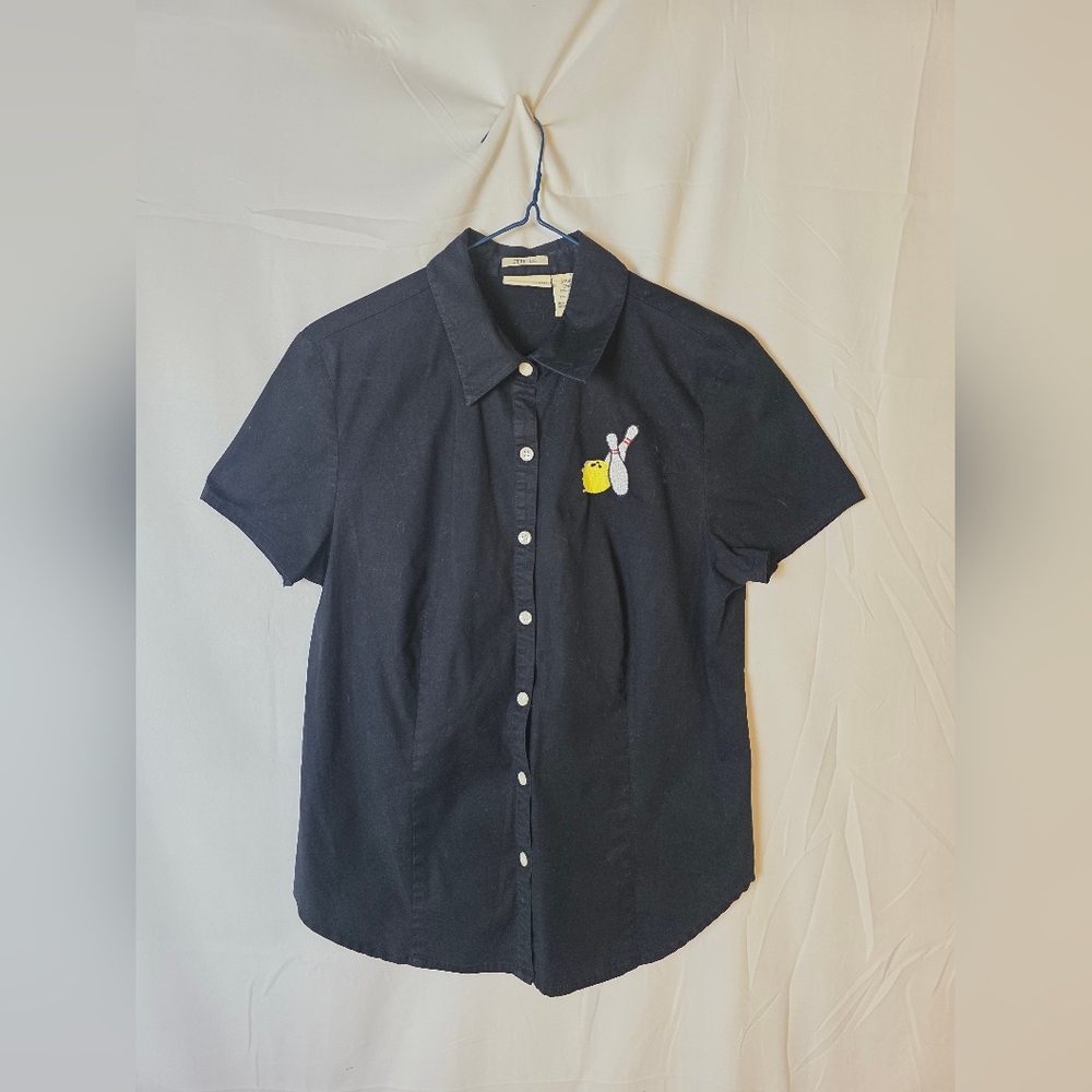 St. John's Bay Black Short Sleeve Shirt with Embroidered Bowling Design